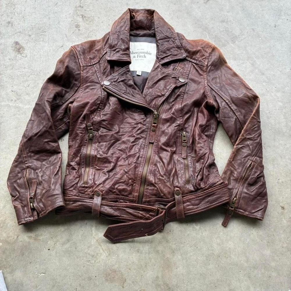 Faded vintage Abercrombie Y2K biker‎ zipup women's leather jacket